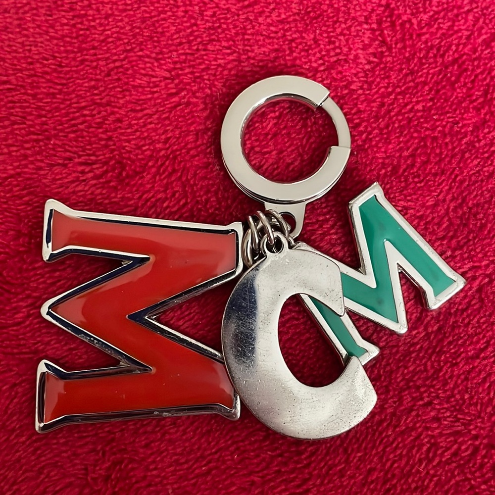 AUTHENTIC, LIKE NEW RED, GREEN AND SILVER MCM BAG CHARM OR KEY RING